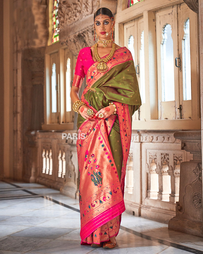 Olive Green Paithani Silk Saree with Pink Border