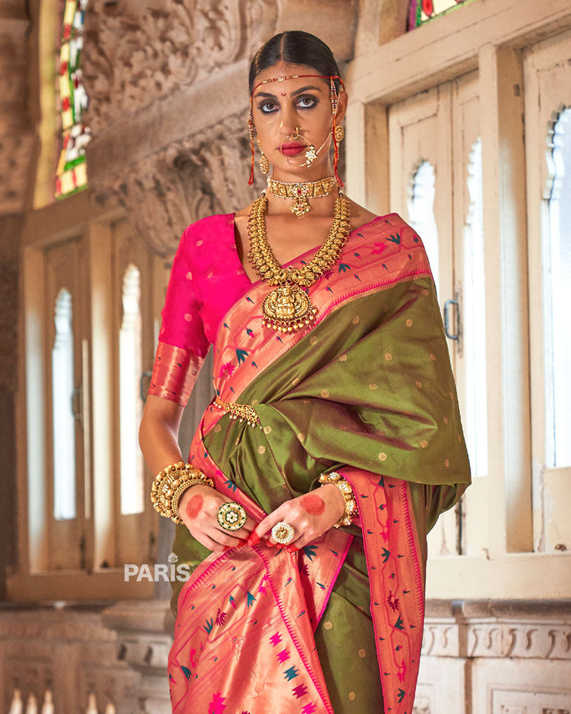 Olive Green Paithani Silk Saree with Pink Border