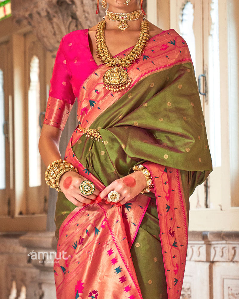 Olive Green Paithani Silk Saree with Pink Border