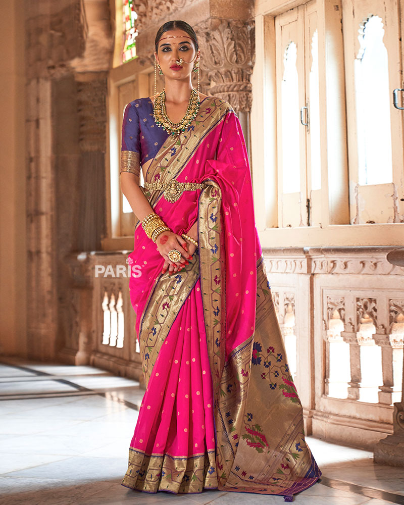 Pink Paithani Silk Saree with Blue Zari Border