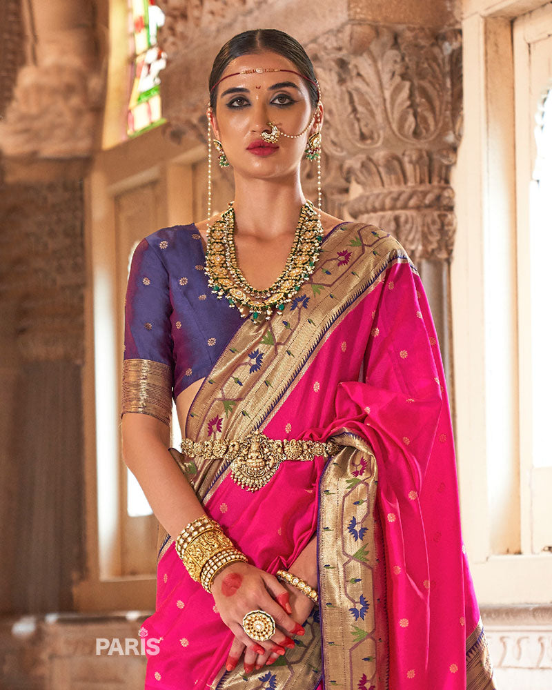Pink Paithani Silk Saree with Blue Zari Border