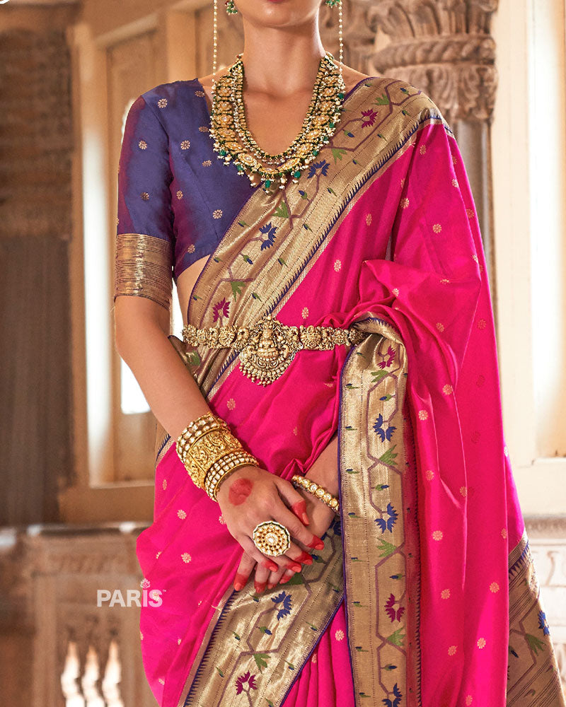 Pink Paithani Silk Saree with Blue Zari Border