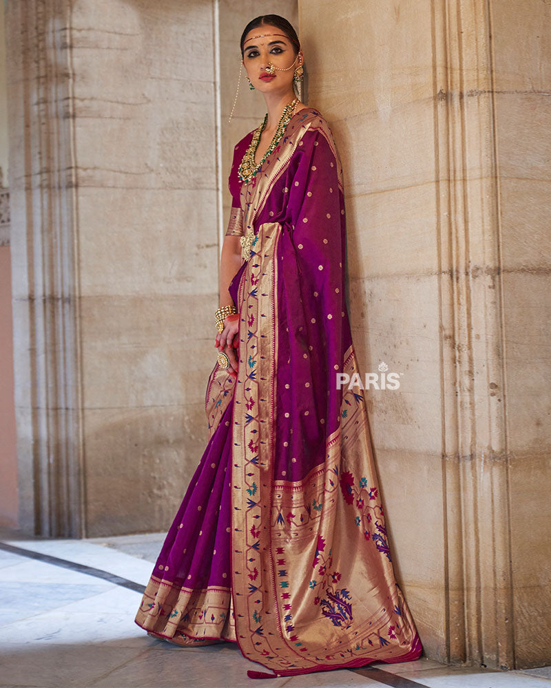 Purple Paithani Silk Saree with Pink Border