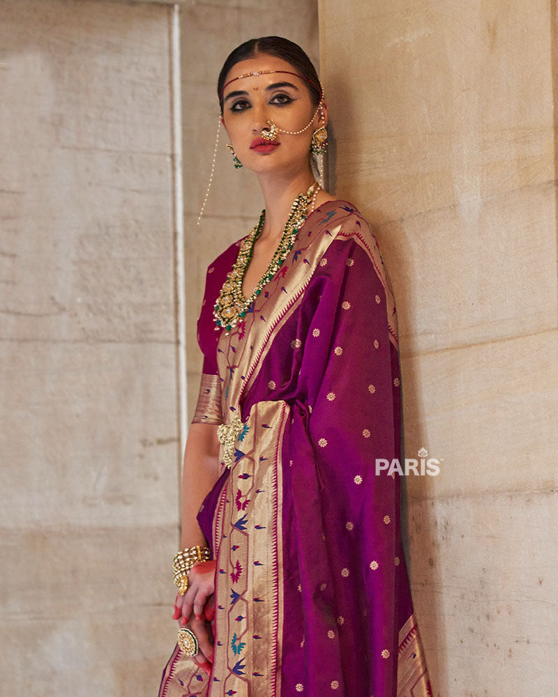 Purple Paithani Silk Saree with Pink Border