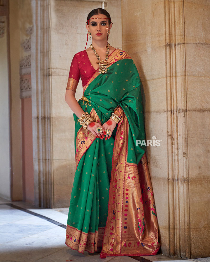 Green Paithani Silk Saree with Red Zari Border
