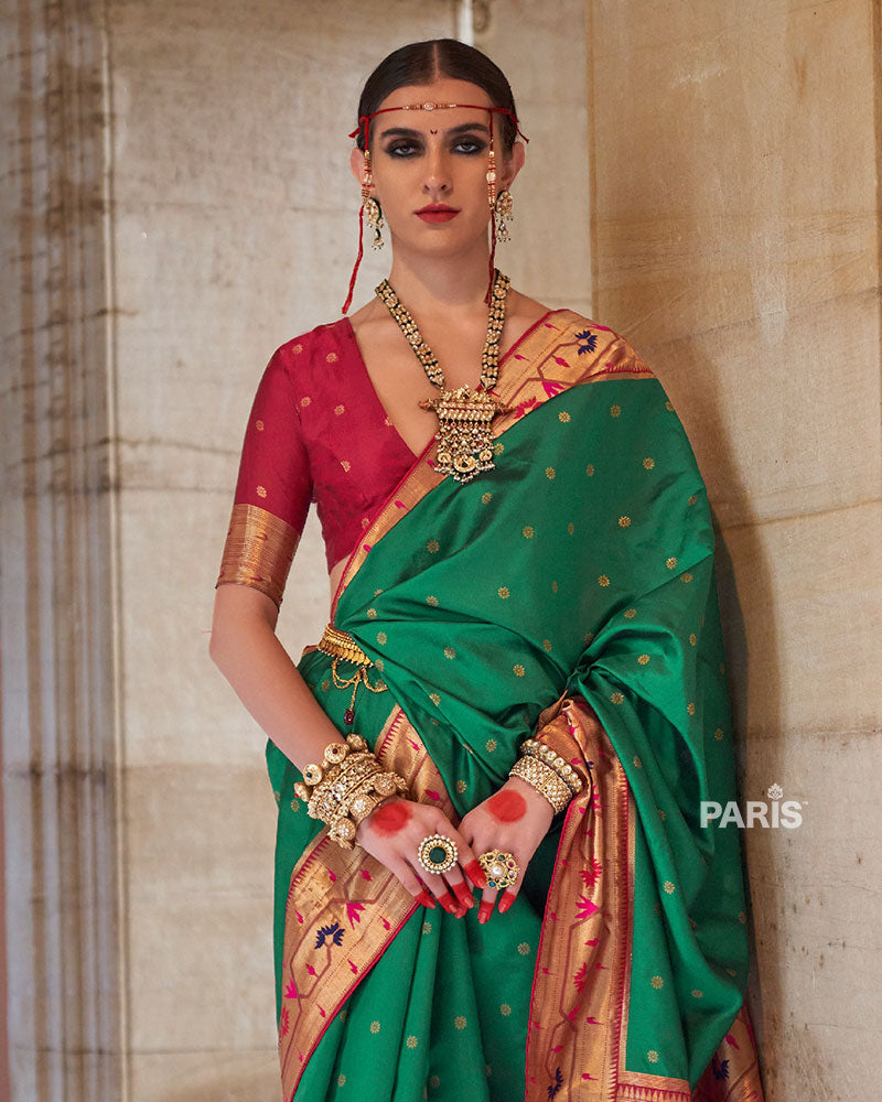 Green Paithani Silk Saree with Red Zari Border