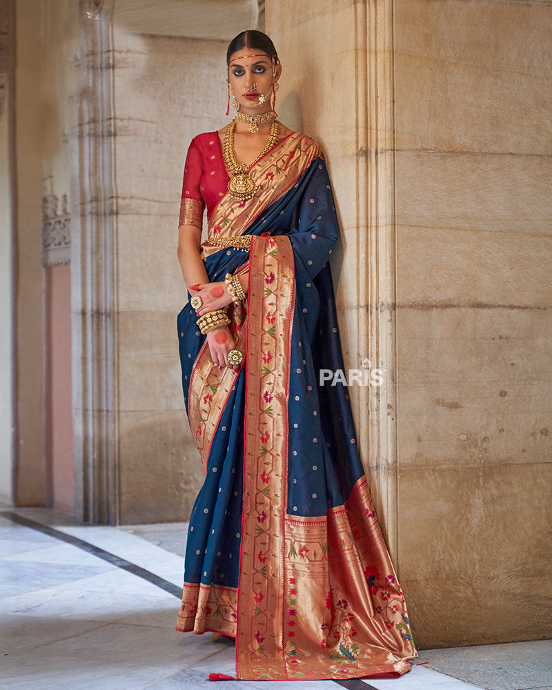 Royal Blue Paithani Silk Saree with Red Border