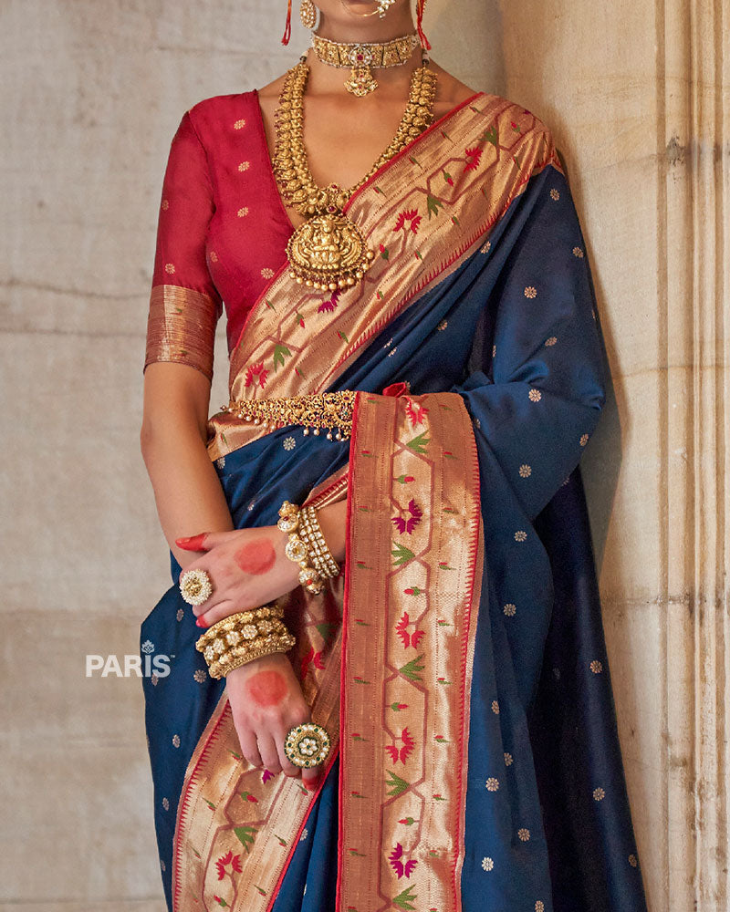 Royal Blue Paithani Silk Saree with Red Border