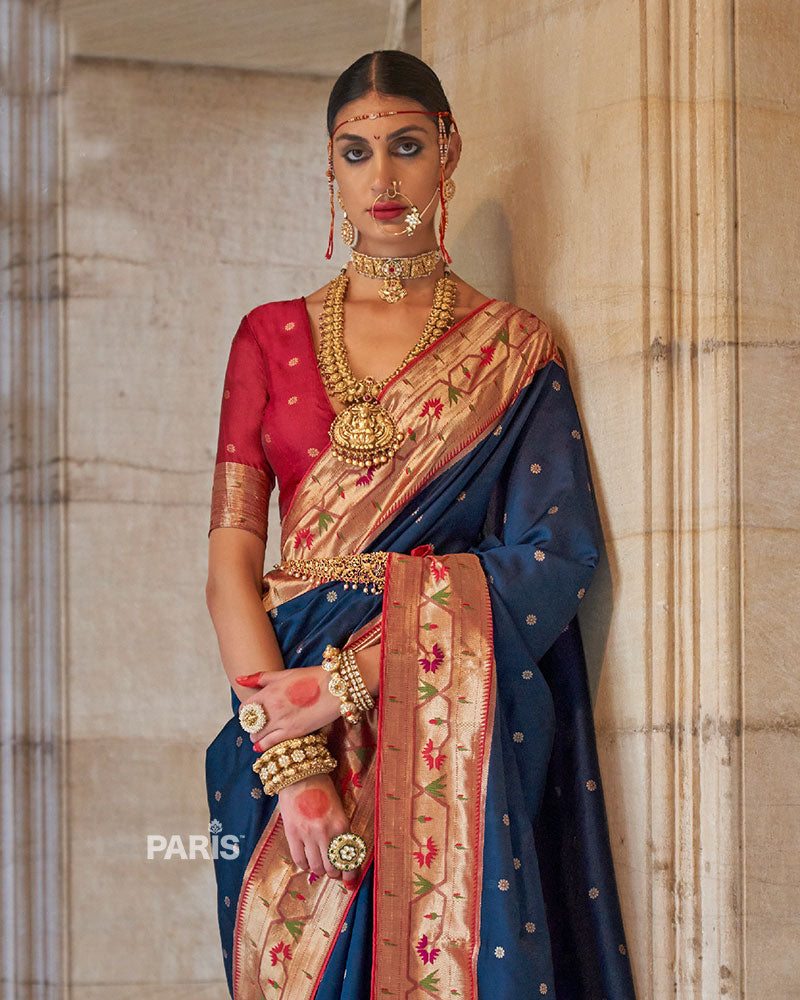 Royal Blue Paithani Silk Saree with Red Border