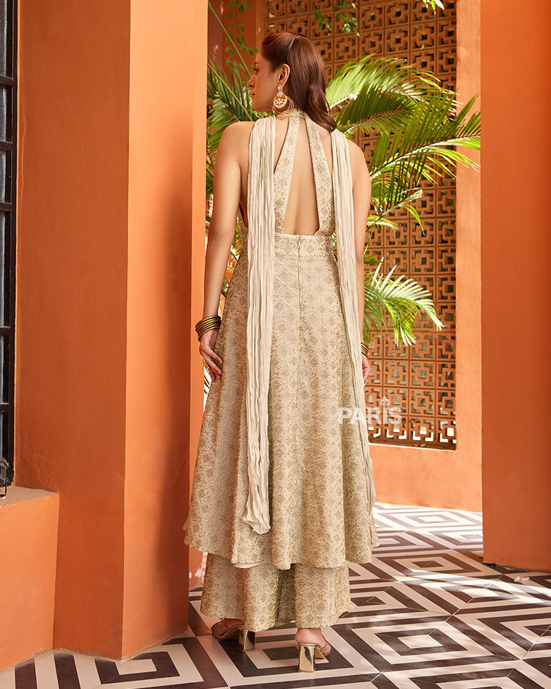 Cream Silk Palazzo Salwar Suit with Dupatta – Mirror Embroidery