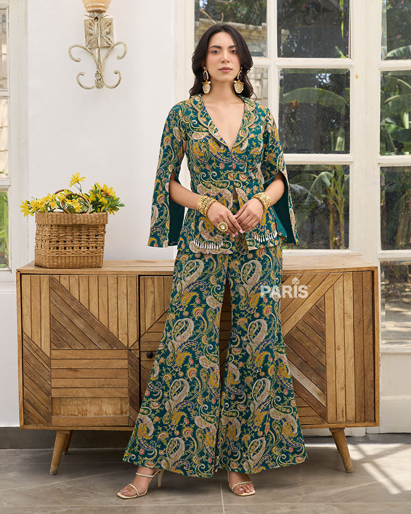 Deep Green Paisley Indo Western Set – Designer Jacket Palazzo