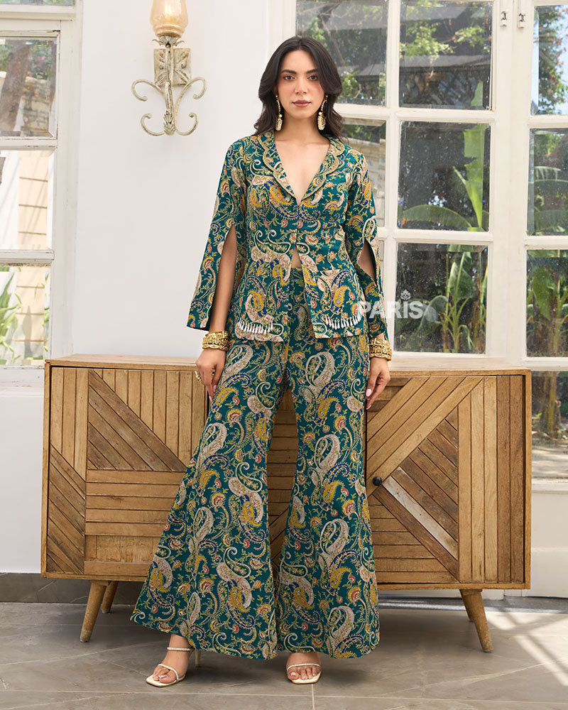 Deep Green Paisley Indo Western Set – Designer Jacket Palazzo