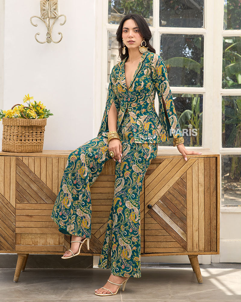 Deep Green Paisley Indo Western Set – Designer Jacket Palazzo