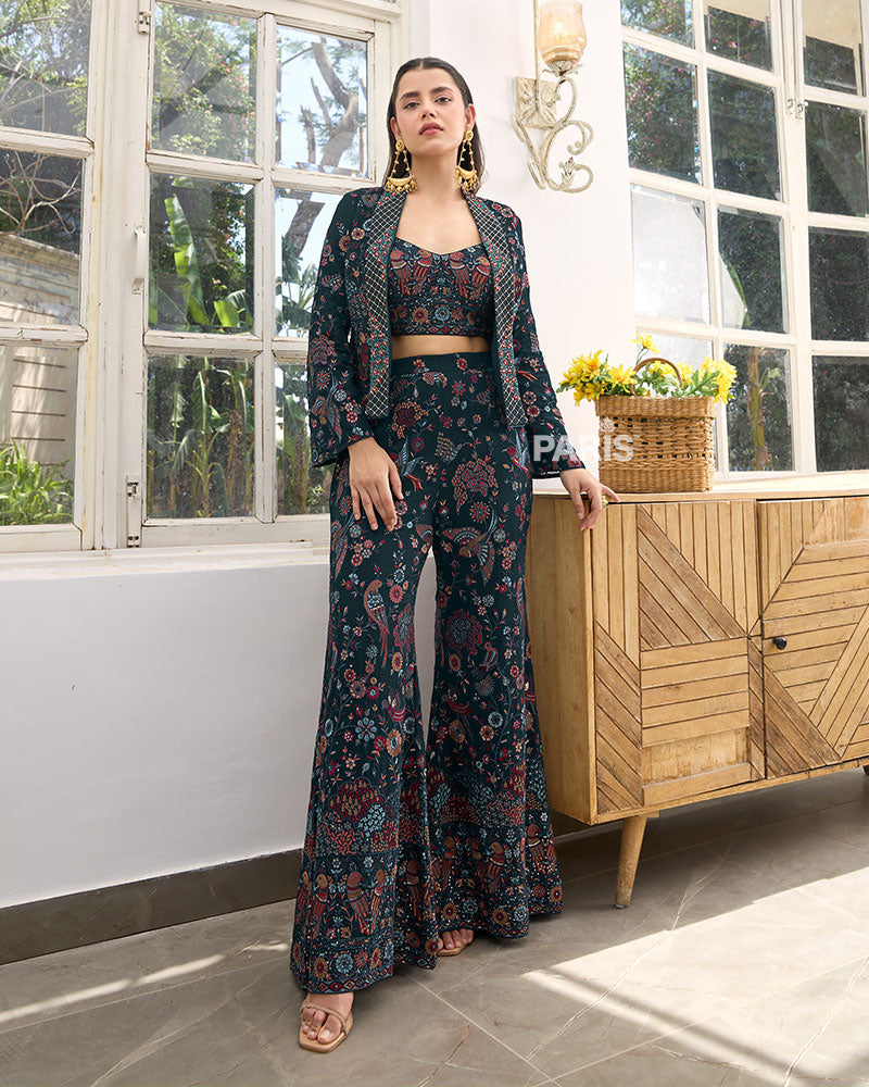 Navy Blue Embroidered Crop Top Palazzo Set with Jacket – Party Wear