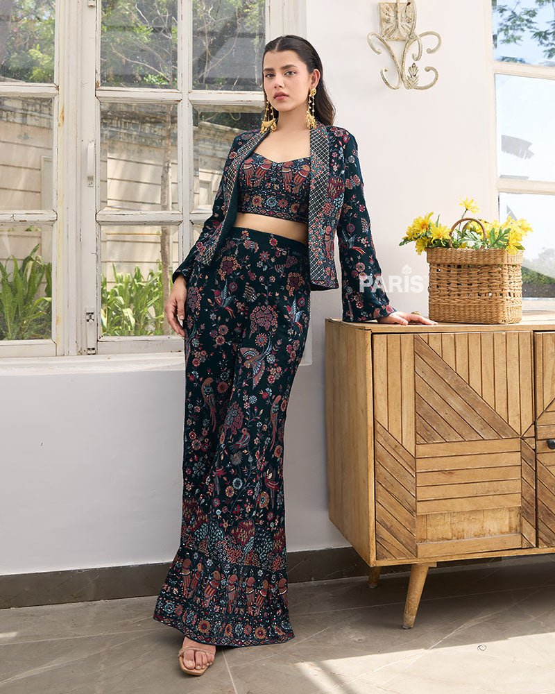 Navy Blue Embroidered Crop Top Palazzo Set with Jacket – Party Wear