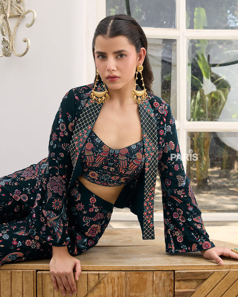 Navy Blue Embroidered Crop Top Palazzo Set with Jacket – Party Wear