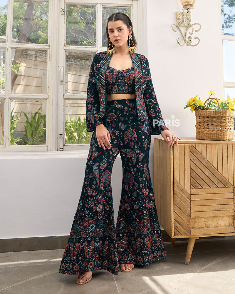 Navy Blue Embroidered Crop Top Palazzo Set with Jacket – Party Wear