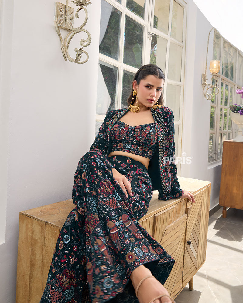 Navy Blue Embroidered Crop Top Palazzo Set with Jacket – Party Wear