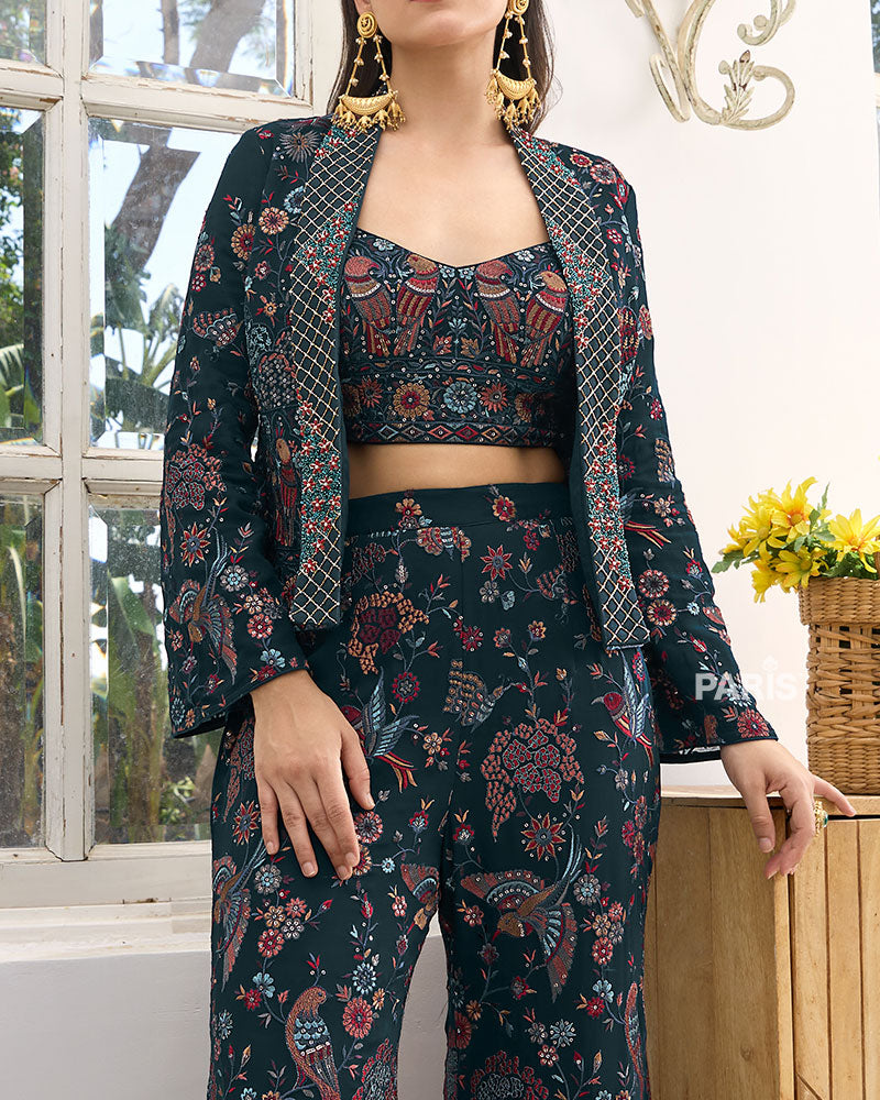 Navy Blue Embroidered Crop Top Palazzo Set with Jacket – Party Wear