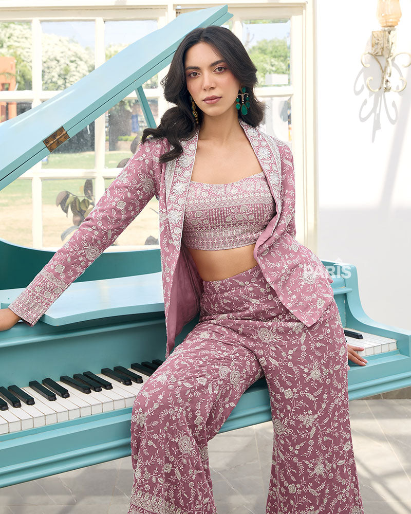 Onion Pink Embroidered Palazzo Suit with Jacket – Trendy Festive Set