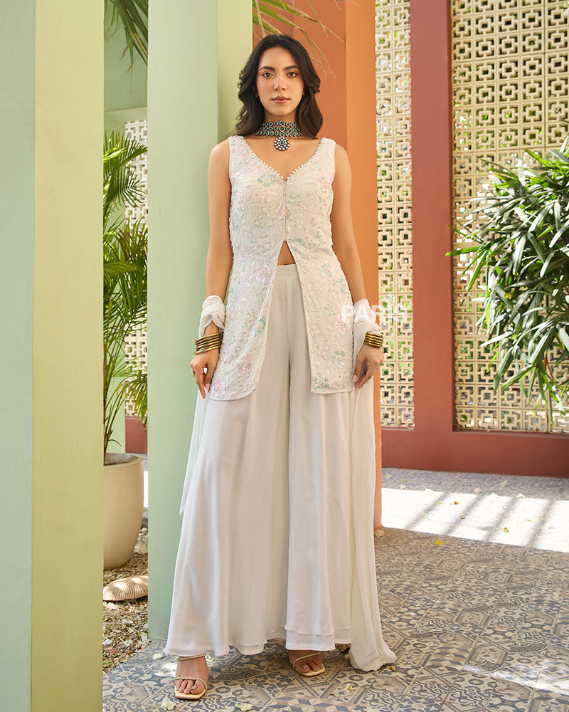 White Embroidered Palazzo Set with Dupatta – Designer Festive Suit