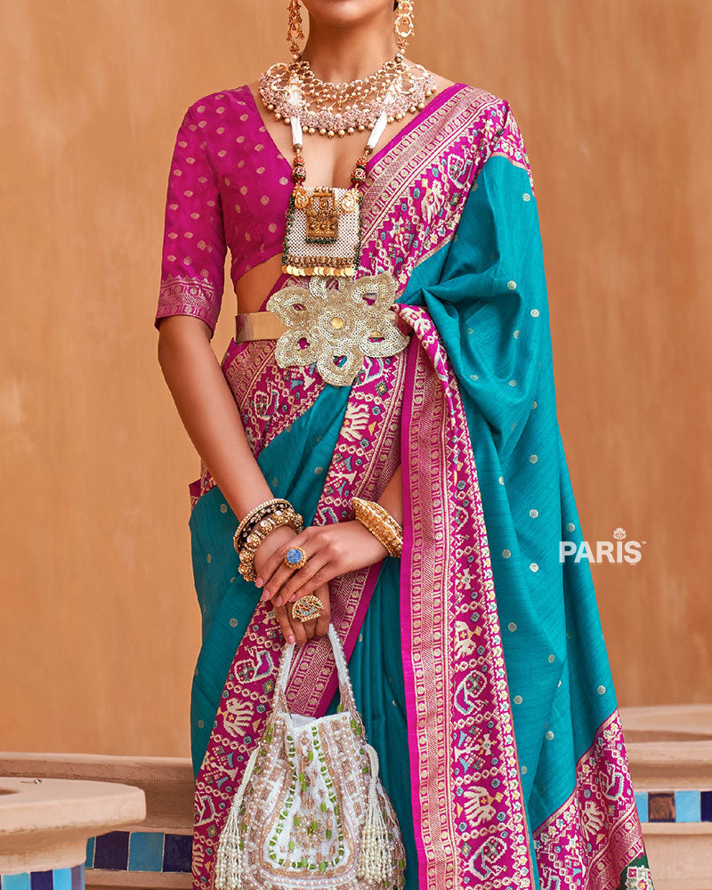 Royal Blue Zari Weaving Pink Border Saree in Patola Silk with Unstitched Blouse