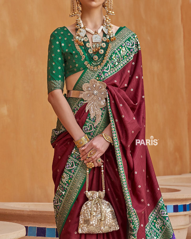 Maroon Zari Weaving Green Border Saree in Patola Silk with Unstitched Blouse