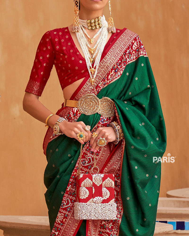 Green Zari Weaving Red Border Saree in Patola Silk with Unstitched Blouse