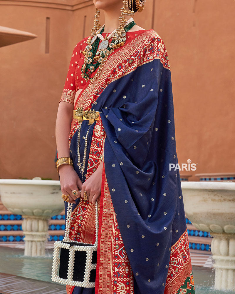 Navy Blue Zari Weaving Red Border Saree in Patola Silk with Unstitched Blouse