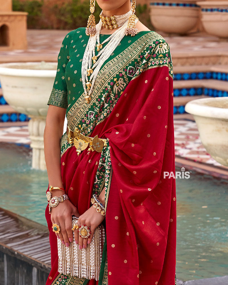 Red Zari Weaving Green Border Saree in Patola Silk with Unstitched Blouse