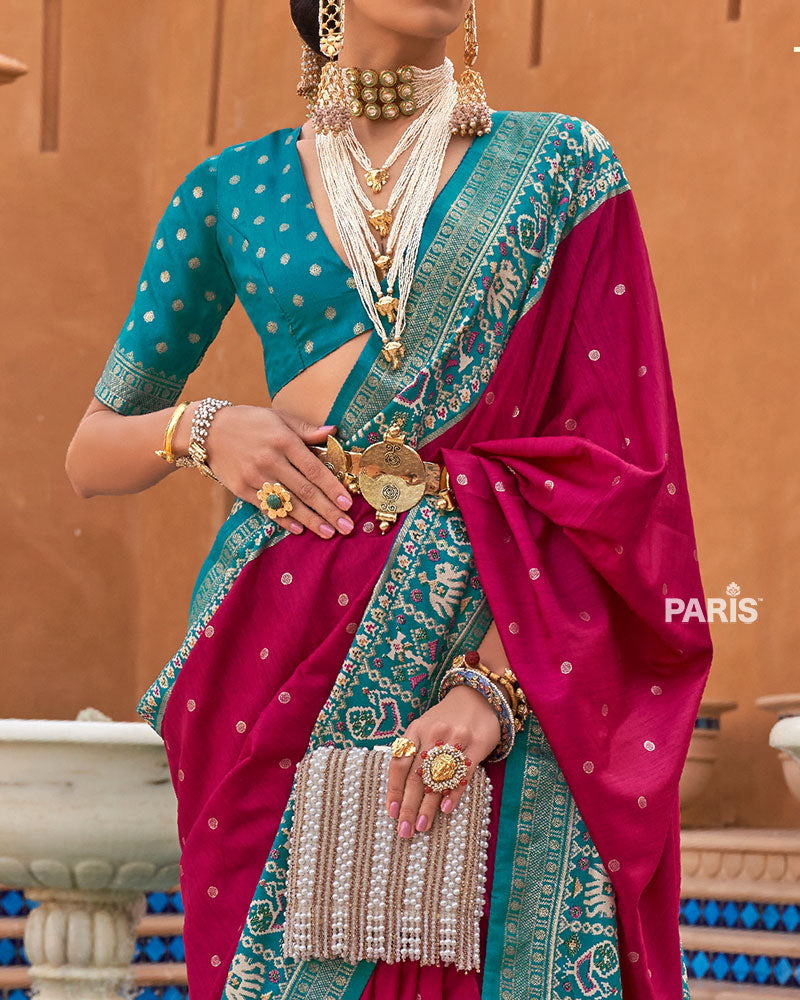 Rani Pink Zari Weaving Teal Green Border Saree in Patola Silk with Unstitched