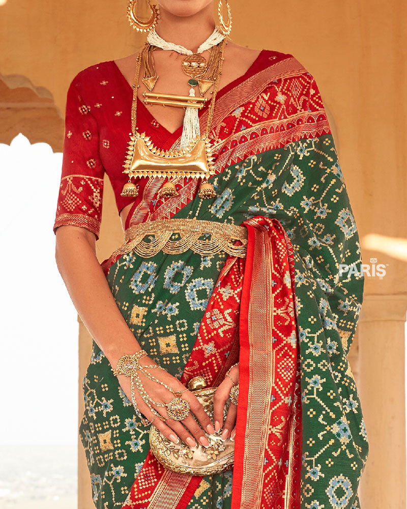 Green Ikat Printed and Red Contrast Border Patola Silk Saree with Unstitched Blouse