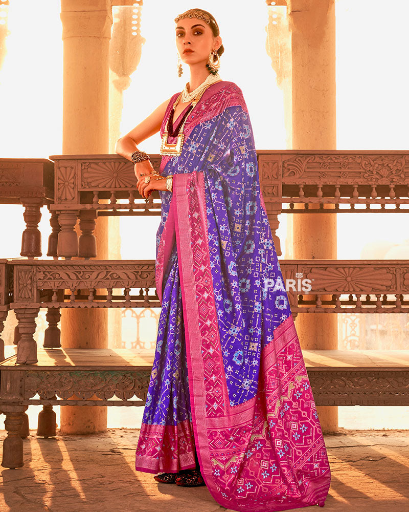 Purple Ikat Printed and Pink Contrast Border Patola Silk Saree with Unstitched Blouse