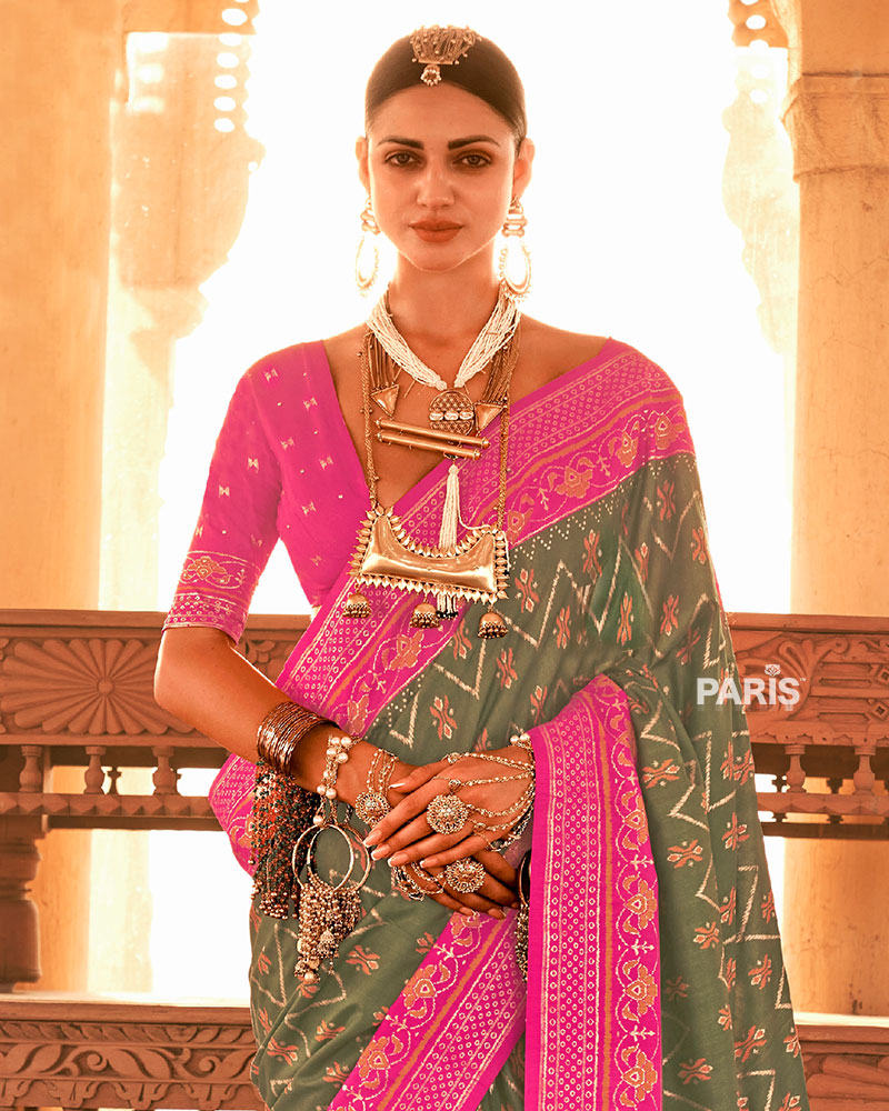 Green Ikat Printed and Pink Contrast Border Patola Silk Saree with Unstitched Blouse