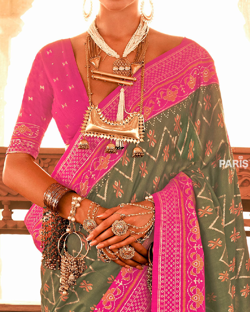 Green Ikat Printed and Pink Contrast Border Patola Silk Saree with Unstitched Blouse