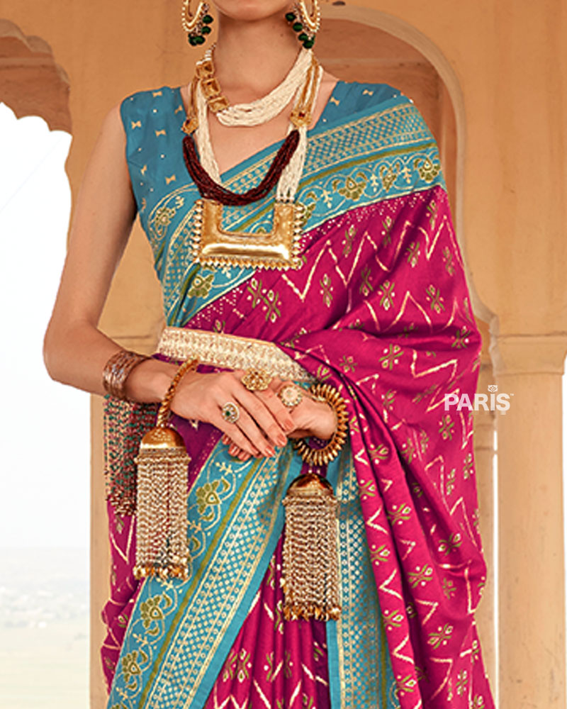 Rani Pink Ikat Printed and Teal Contrast Border Patola Silk Saree with Unstitched Blouse