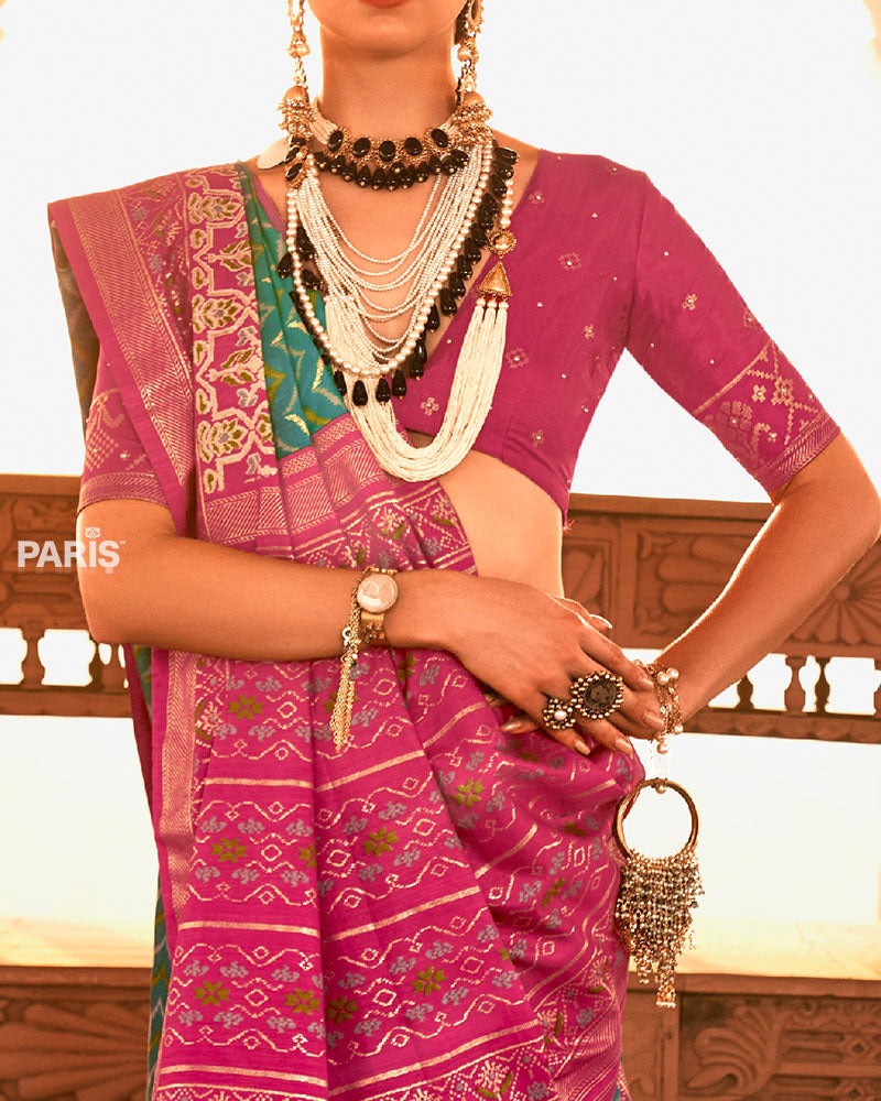 Teal Ikat Printed and Pink Contrast Border Patola Silk Saree with Unstitched Blouse