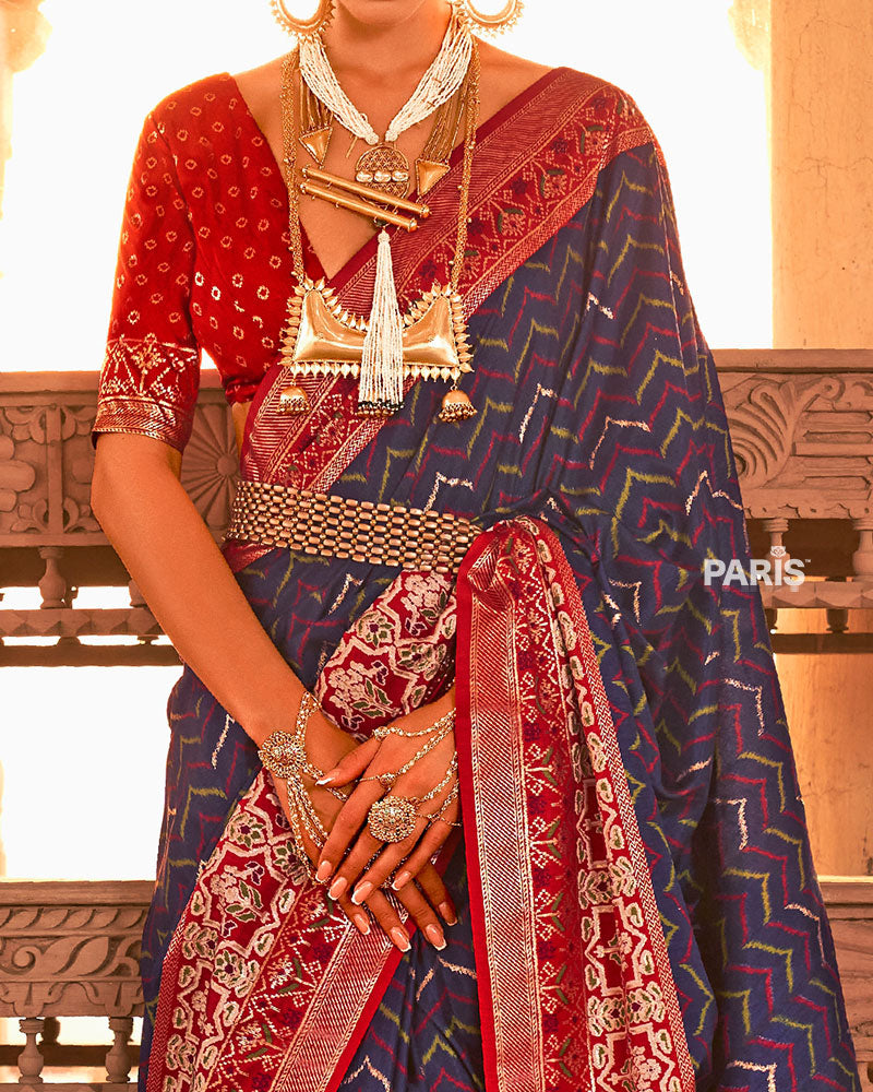 Blue Ikat Printed and Red Contrast Border Patola Silk Saree with Unstitched Blouse
