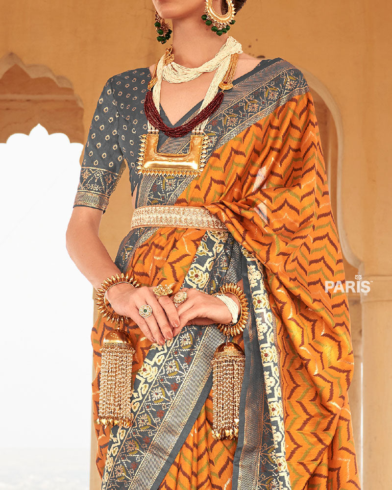 Yellow Ikat Printed and Dark Grey Contrast Border Patola Silk Saree with Unstitched Blouse