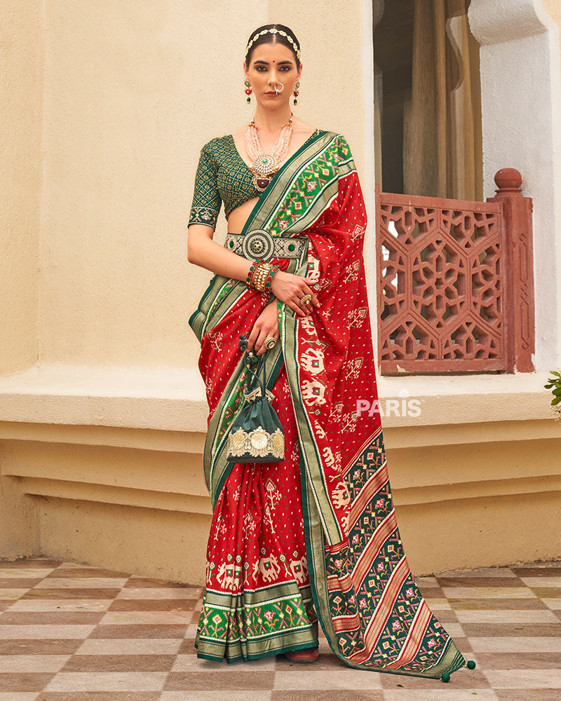 Red & Green Patola Silk Saree with Elephant Motifs