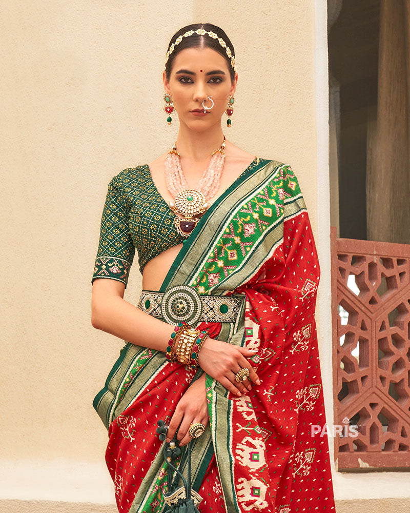 Red & Green Patola Silk Saree with Elephant Motifs