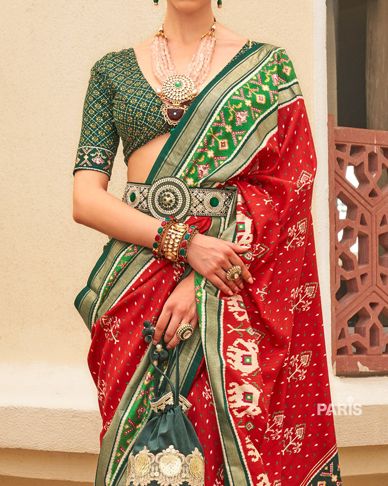 Red & Green Patola Silk Saree with Elephant Motifs
