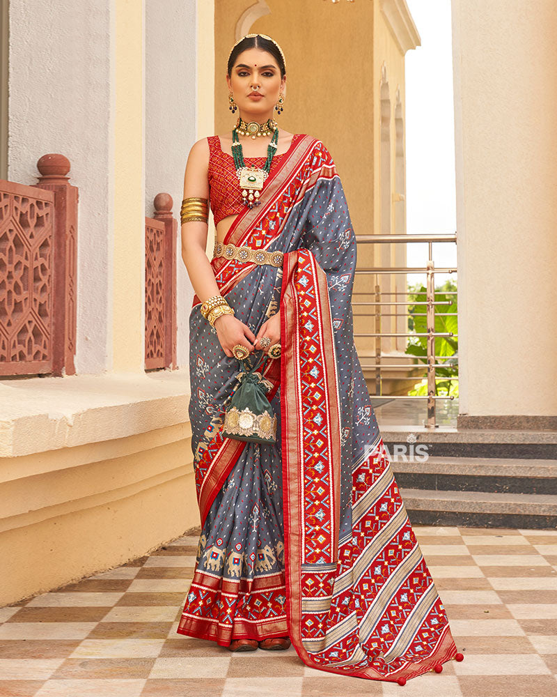 Grey & Red Patola Silk Saree with Ethnic Motifs
