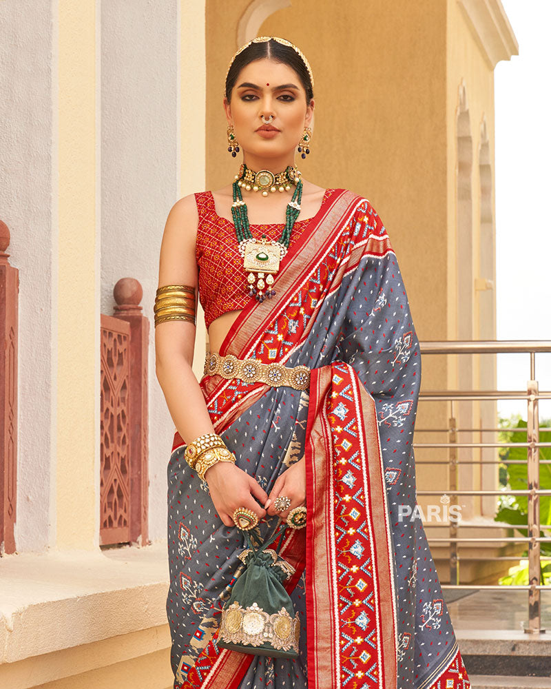 Grey & Red Patola Silk Saree with Ethnic Motifs