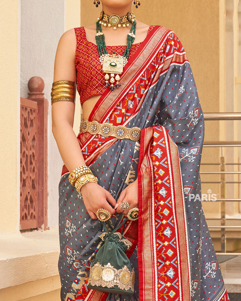 Grey & Red Patola Silk Saree with Ethnic Motifs