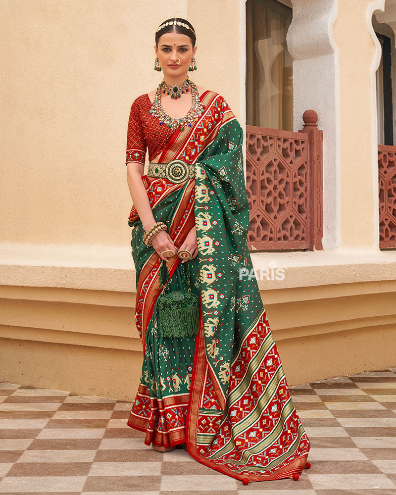 Green & Red Patola Silk Saree with Paisley & Elephant Print