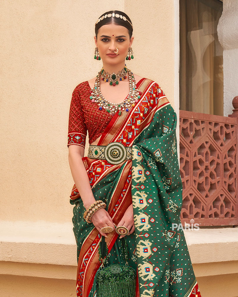 Green & Red Patola Silk Saree with Paisley & Elephant Print