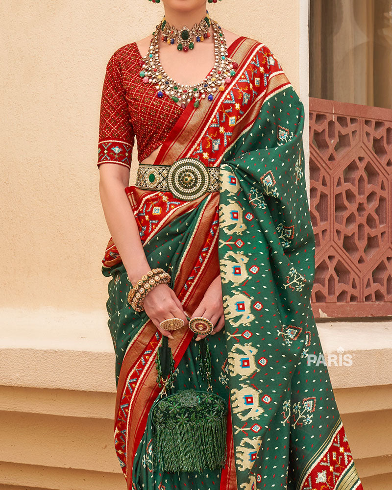 Green & Red Patola Silk Saree with Paisley & Elephant Print