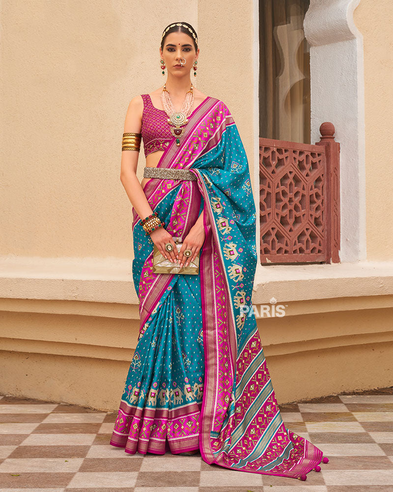Blue & Pink Patola Silk Saree with Elephant Motifs