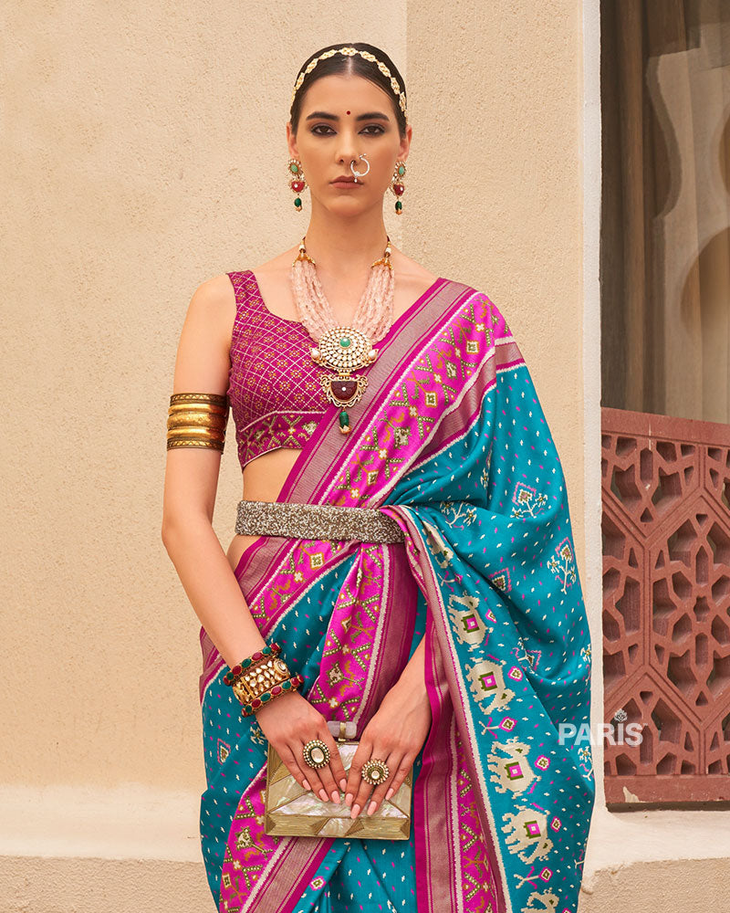 Blue & Pink Patola Silk Saree with Elephant Motifs